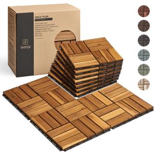 THYOI Premium Deck Tiles, Patio Flooring - Outdoor Waterproof Acacia Wood Tiles for All Weather Use - Balcony, Backyard, Indoor & Outdoor (Square Ft - 10, Golden Teak, 12S)