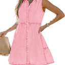 LookbookStore Denim Dress for Women Sleeveless Babydoll Button Down Short Jean Dresses Cute Summer Outfits Pink (Small)