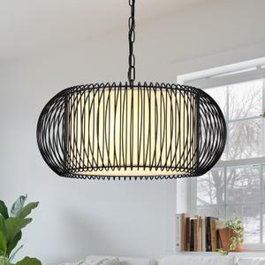3-Light Drum Chandelier Light Fixture 18.9" Large Pendant Light with White Fabric and Black Metal Shade, Modern Chandeliers Hanging Light Fixtures for Dining Room Kitchen Island Hallway and Entryway