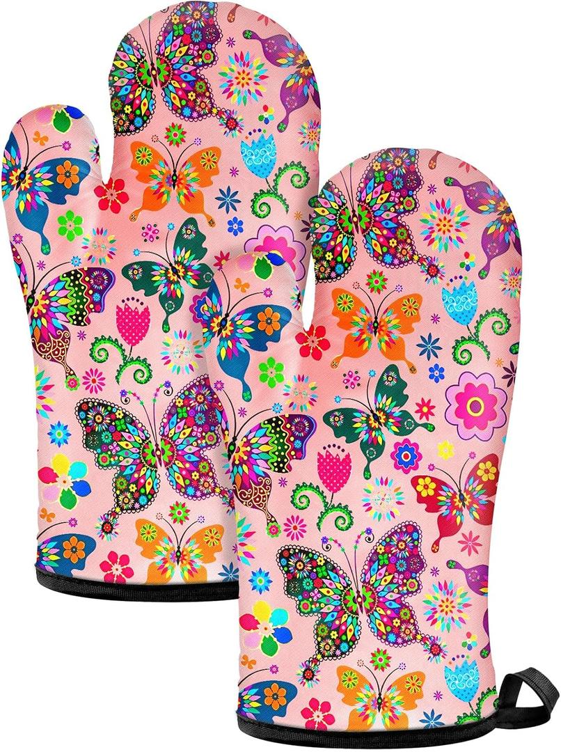 Swooflia Oven Mitts 2 PCS for Kitchen, Heat Resistant Hot Mittens Gloves for Cooking Grilling Baking BBQ Butterfly Cook Essentials Accessories Home Microwave Safe (7''x11'')