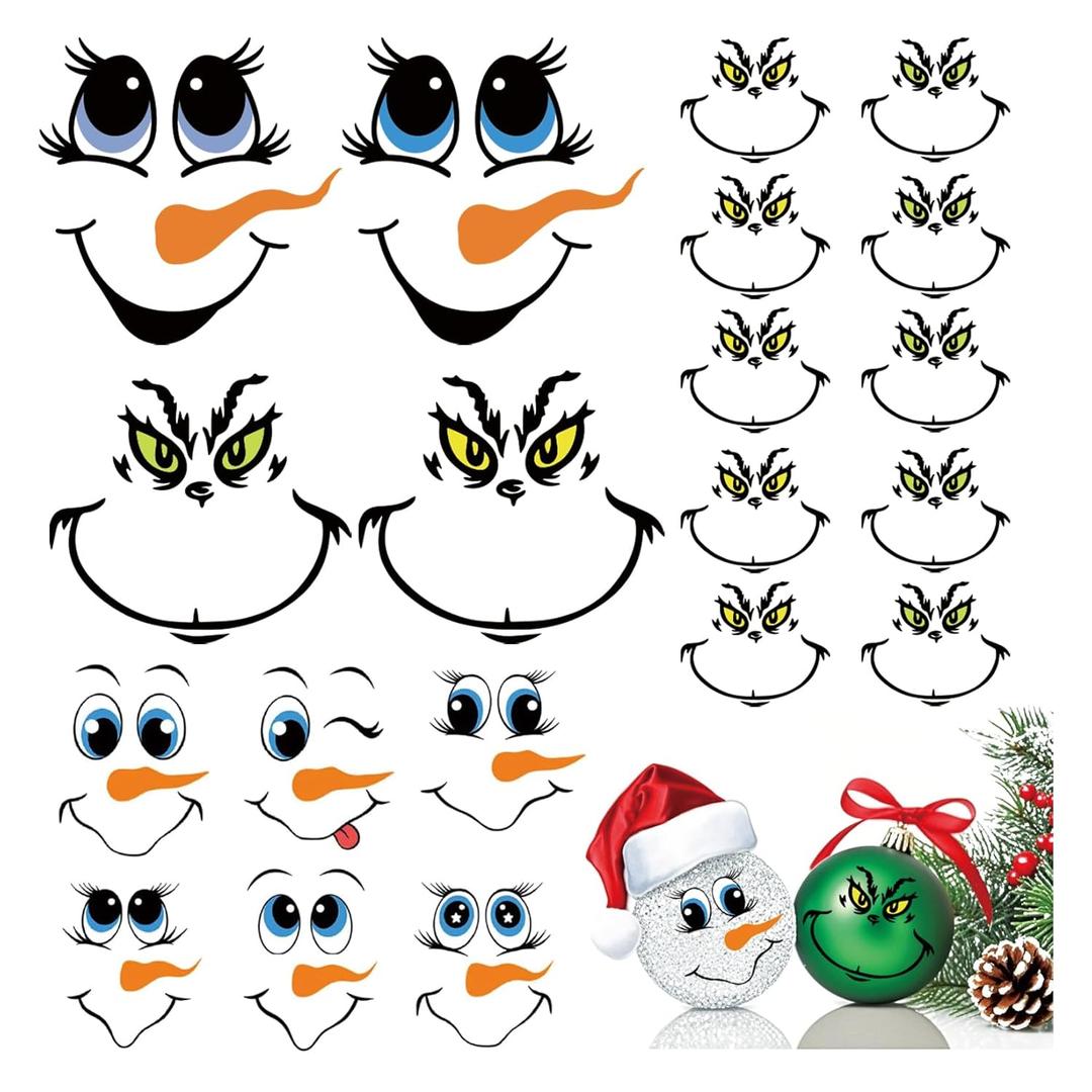 2Pack Christmas Face Rub on Transfers Decals Stickers for Crafts Ornaments Large 5 Inch Vinyl Snowman Faces Eyes Pitcher Transparent Decal for Ornaments Glass Drinking Cups Wood Balls (Cute72)