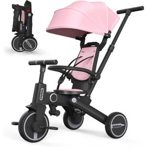 Tricycle Stroller for Toddler,Foldable Baby Tricycle,Kids Balance Bike with Push Handle,Toddlers Stroller Bike with 1 to 5 Years,7-in-1 Push Tricycle Bike for Kids (Pink), 27.9 x 19.6 x 38.9 inches
