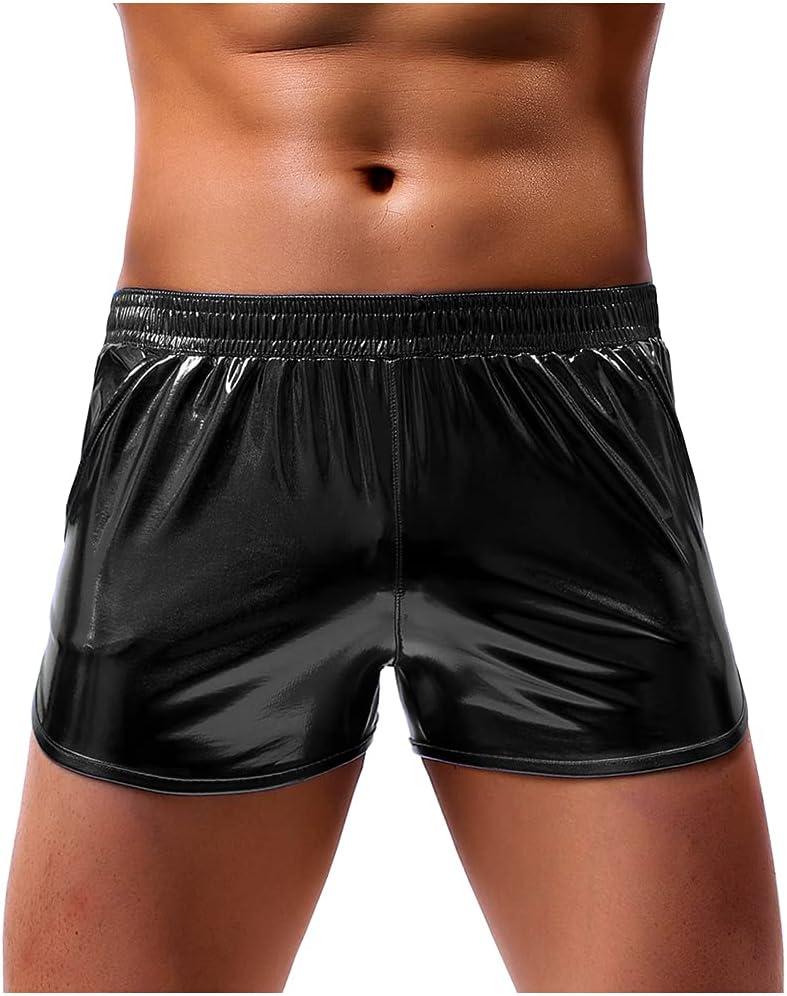 Arjen Kroos Men's Sexy Metallic Shiny Shorts Sparkly Rave Hot Short Pants with Pockets (Black, L)