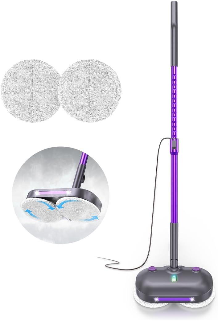 Scrubbing Steam Mop with Rotating Pads, Spin Steam Cleaner for Floor Cleaning,Large Tank,23FT Cord, LED Headlights,Reusable Pads & Self-Standing,Safe for Hard Floor/Laminate/Marble
