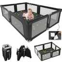 Foldable Playpen for Babies and Toddlers with Mat, 73" x 61" Playard for Indoor & Outdoor, Baby Play Pen with Soft Breathable Mesh, Pull-Link and Ocean Balls, Black
