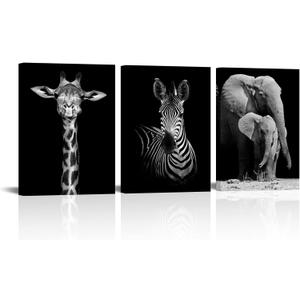 Visual Art Decor Black and White African Wildlife Canvas Wall Art Animal Zebra Giraffe Elephant Portrait Picture Poster Artwork for Home Living Room Bedroom Room Kids Room Office Wall Decoration Ready to Hang