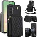 Phone Case for Samsung Galaxy A36 5G Wallet Cell Cover with Tempered Glass Screen Protector Wrist Crossbody Strap Stand RFID Blocking Credit Card Holder Slot A 36 36A LTE SM-A366U Women Girls Black