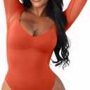 FeelinGirl Long Sleeve Bodysuit for Women Sexy Mesh V Neck Body Suits Thong Corset Top Going Out Outfits for Party (Orange, XL)