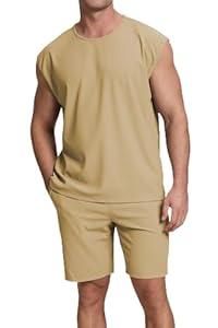 Cakulo Mens Summer 2 Piece Outfits Sleeveless Muscle Tank Tops Athletic Casual Beach Shirts and Shorts Set Apricot XL