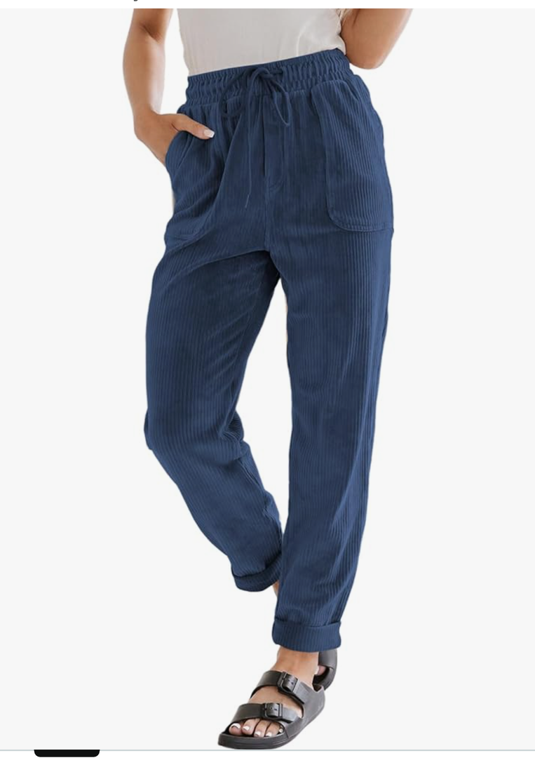 EVALESS Corduroy Pants for Women Casual Drawstring Elastic High Waist Straight Leg Pants Loose Comfy Trousers with Pockets, Small 