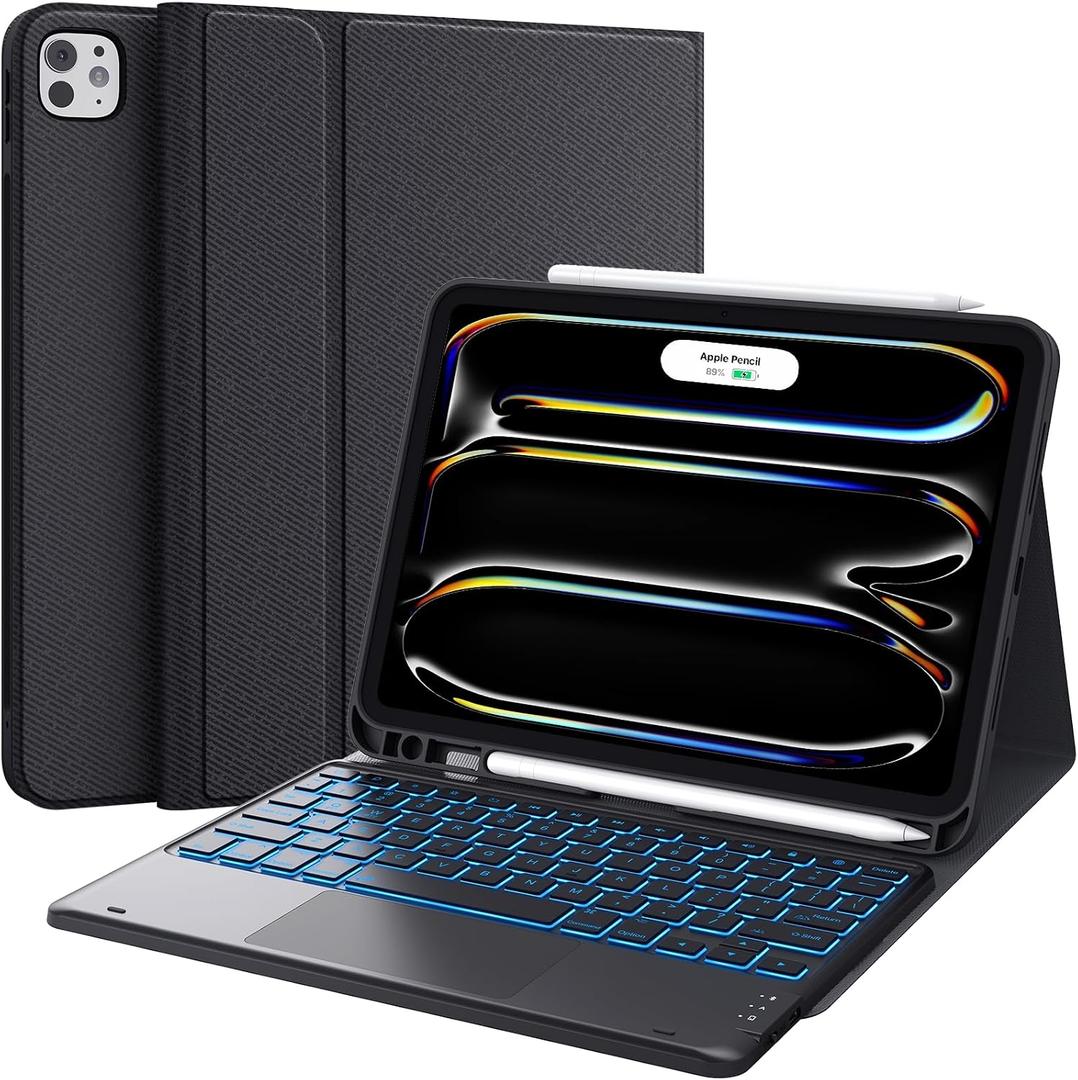 CHESONA Keyboard Case for iPad Pro 11 inch (M4-2024/M5-2025), Magnetic Detachable Keyboard with Backlit, 2 Wireless Channels, Touchpad & Pencil Holder, Black