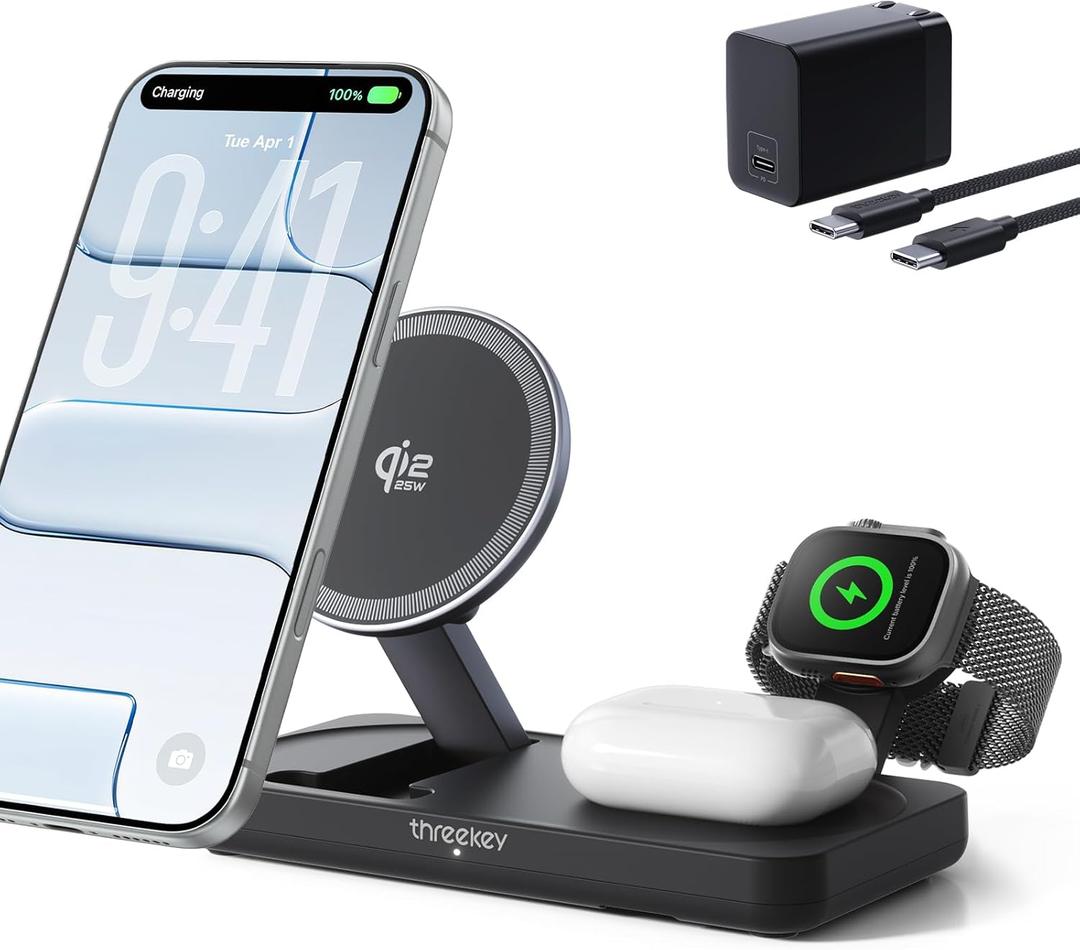 THREEKEY 3 in 1 iPhone 17 Charging Station,MagSafe Charger Compatible, Qi2 25W MFi Certified Wireless Charger Stand for iPhone 17/16/15/14/13/12, Apple Watch, AirPods(45W Adapter Included) (Black)