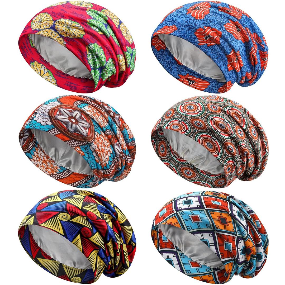 Sintege 6 Pcs Satin Lined Bonnet Sleep Chemo Hat Stretch Cancer Cap for Women Men Cancer Patient African Silk Soft Beanie(Vibrant Patterns)