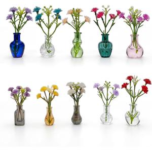 10-Pack Magnetic Mini Clear Glass Bud Vases for Fridge - Strong Magnets, Leak-Proof Propagation Vases with 10 Faux Flowers for Mom, Locker and Cubicle Decor(Sea Glass Green)