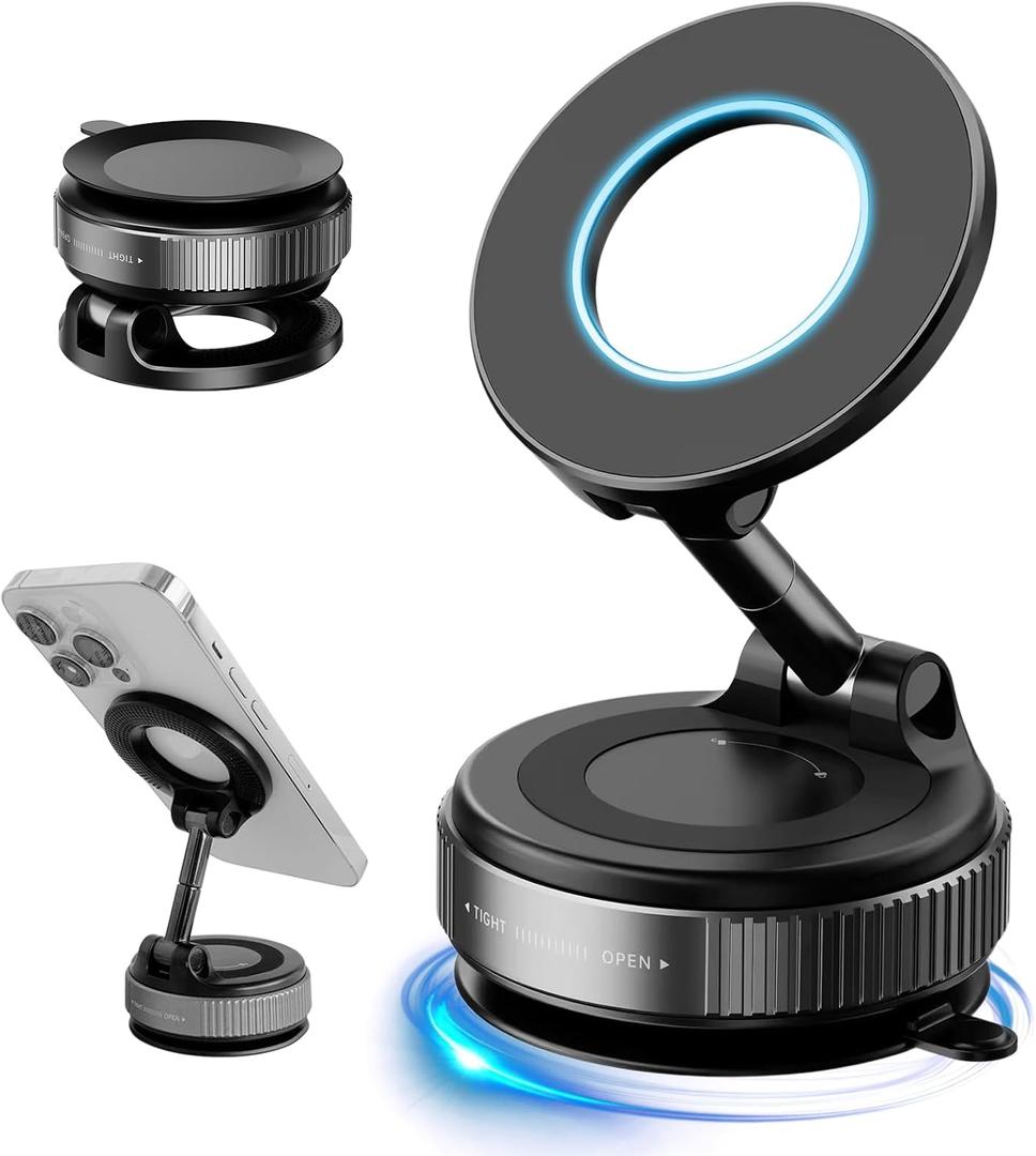 2026 Upgraded Vacuum Magnetic Car Phone Holder 360 Suction Cup Phone Mount for Magsafe Cell Phone Holders, Hands-Free Adjustable Foldable for iPhone 16 Pro Max & All Smartphones Car Gym Mirror (black)