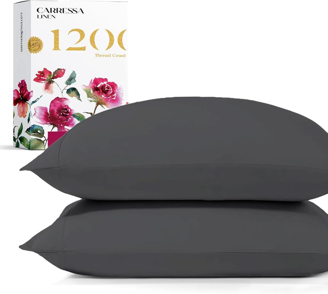Carressa Linen 100% Egyptian Cotton Pillow Cases Standard Size Set of 2 - Luxury 1200 Thread Count Cotton Pillowcases Queen Size (Dark Grey), Soft, Cooling, Sateen Weave Hotel Quality Pillow Cover