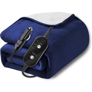 12V/24V Heated Car Blanket, Machine Washable Electric Blanket, Flannel Heating Throw for Car, SUV, RV Camping, 60" x 44", Hi/M/Lo Heating Settings, 30/45/60 Min Auto-Off Timer,Navy Blue