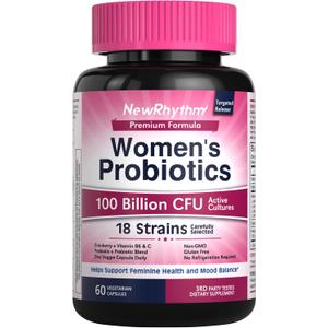 NewRhythm Probiotics for Women, P-5-P, Vitamin C & Organic Cranberry, 100 Billion CFU 18 Strains, Prebiotics & Vaginal Probiotics for Digestive Health & PH Balance, 60 Capsules, No Dairy
