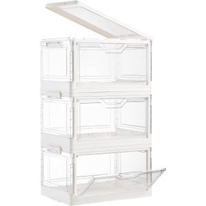 3-Pack Multi-purpose Clear Stackable Storage Bins with Lids Magnetic Doors Open Front Foldable Plastic Craft Containers Closet Organizers Box for Bedrooms Playrooms Dolls Kids' Toys 24 QT