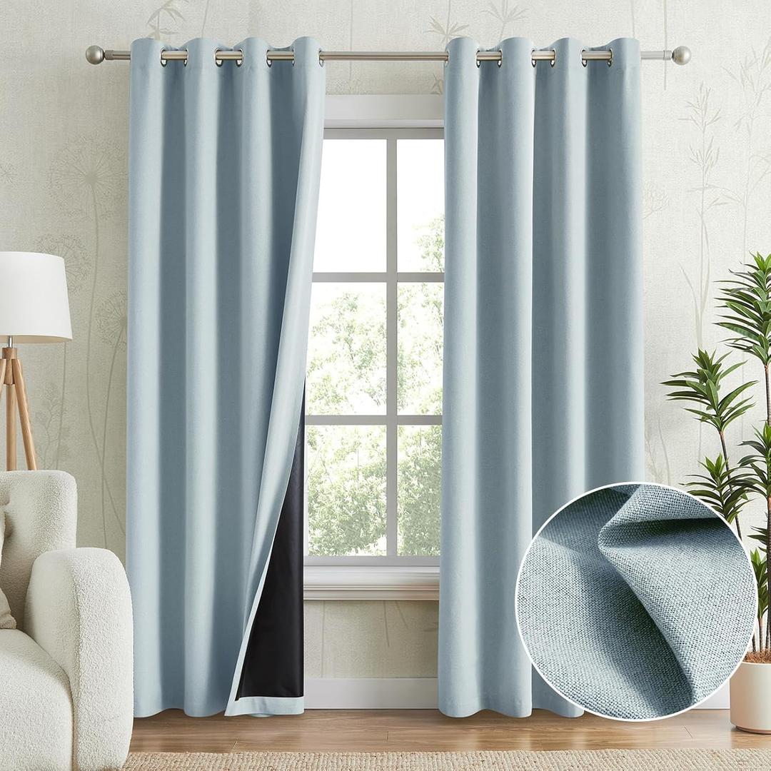 Light Blue 100% Blackout Curtains for Bedroom, Thermal Insulated Linen Look Grommet Window Curtain Drapes with Black Back for Living Room, 52 x 84 Inch Length, 2 Panels