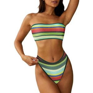 ZAFUL Women Strapless Textured Bandeau Bikini 2 Piece Swimwear Cheeky Solid Lace up Bathing Suits (Medium, 0-green)