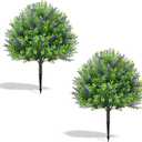 Artificial Boxwood Topiary Ball Bush with Lavender Flower: Set of 2 Faux Greenery Shrubs with Ground Spike, 22 Fake Boxwood Plants for Outdoor, Indoor, Patio, Garden Decor