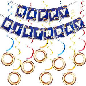 Cartoon Hedgehog Birthday Banner Gold Ring Birthday Party Banner for Cartoon Hedgehog Carnival Theme Birthday Decorations with 8 Pcs Gold Ring Hanging Swirl Decorations (Green)
