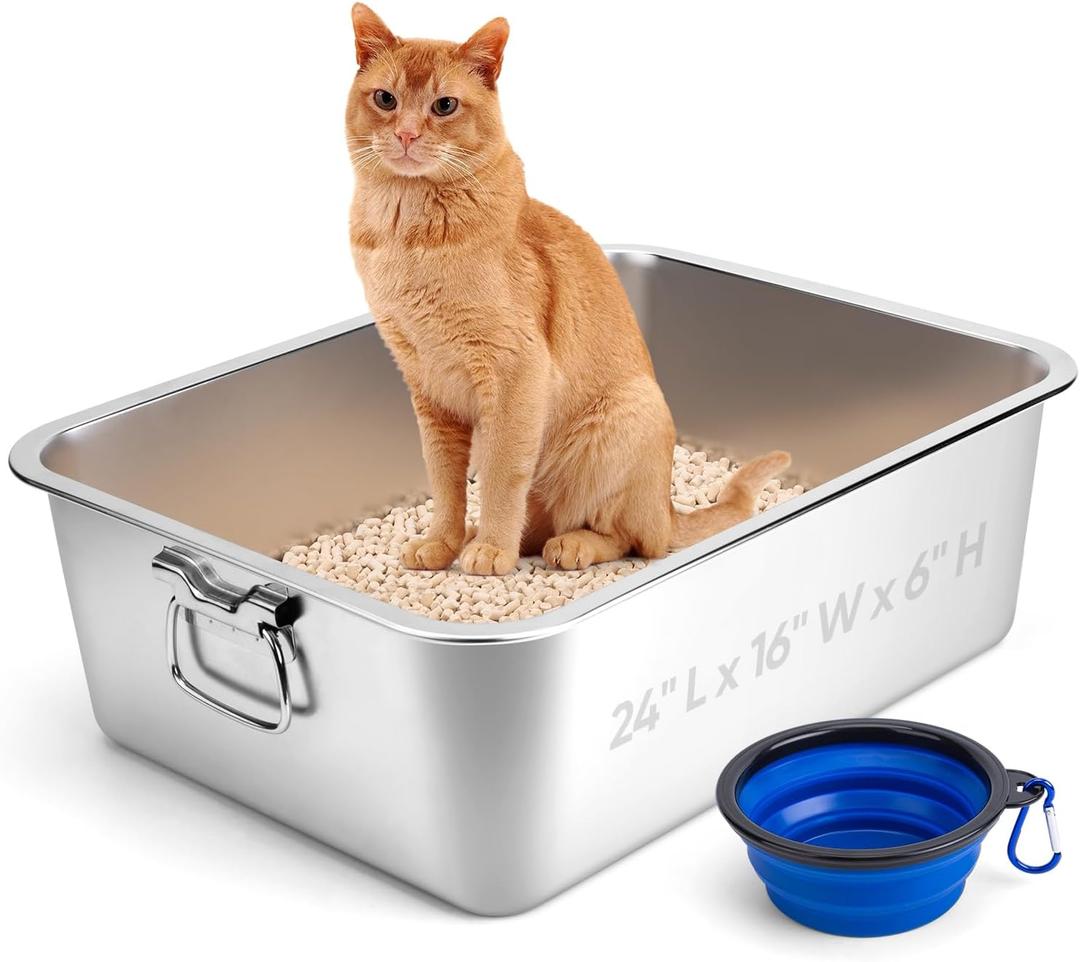 Stainless Steel Litter Box with Handle for Cat and Rabbit, 24" L x 16" W x 6" H, Odor Control Litter Pan, Fold-able Feeding Plate, Non Stick Smooth Surface