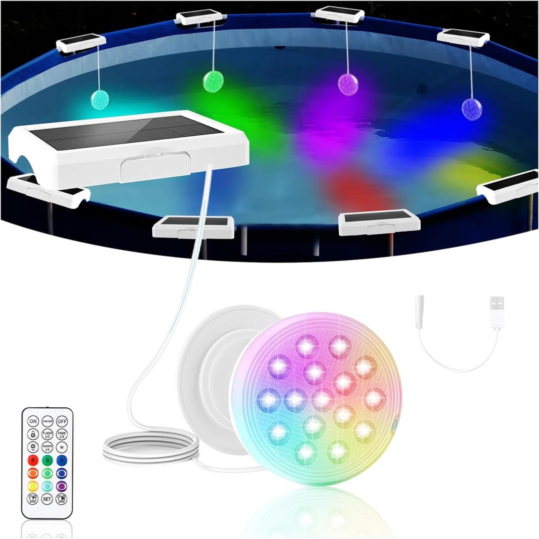 Solar Pool Lights(1 PACK), Upgraded Submersible LED Lights with Remote, 4.55 Inch USB Rechargeable IP68 Waterproof Underwater Light RGB 22 Colors Changing Solar Pool Light with Magnet for Hot Tubs