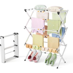 Foldable Clothes Drying Rack - 3-Tier Laundry Drying Rack, Collapsible Metal Indoor Airer, Portable X-Type Clothing Dryer with Shoe Hanger for Home & Balcony (No Assembly Required)