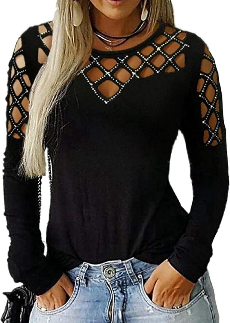Memorose Long Sleeve Shirts for Women Crewneck Sexy Rhinestone Cut Out Tops Sparkle Blouse (X-Large, Black)
