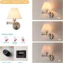 Swing Arm Wall Sconces, Plug-in Wall lamp,Bedroom Wall lamp White Fabric Shadewith dimmable Switch and USB Charging Port, Suitable for Bedside, Living Room, Reading (Nickel)