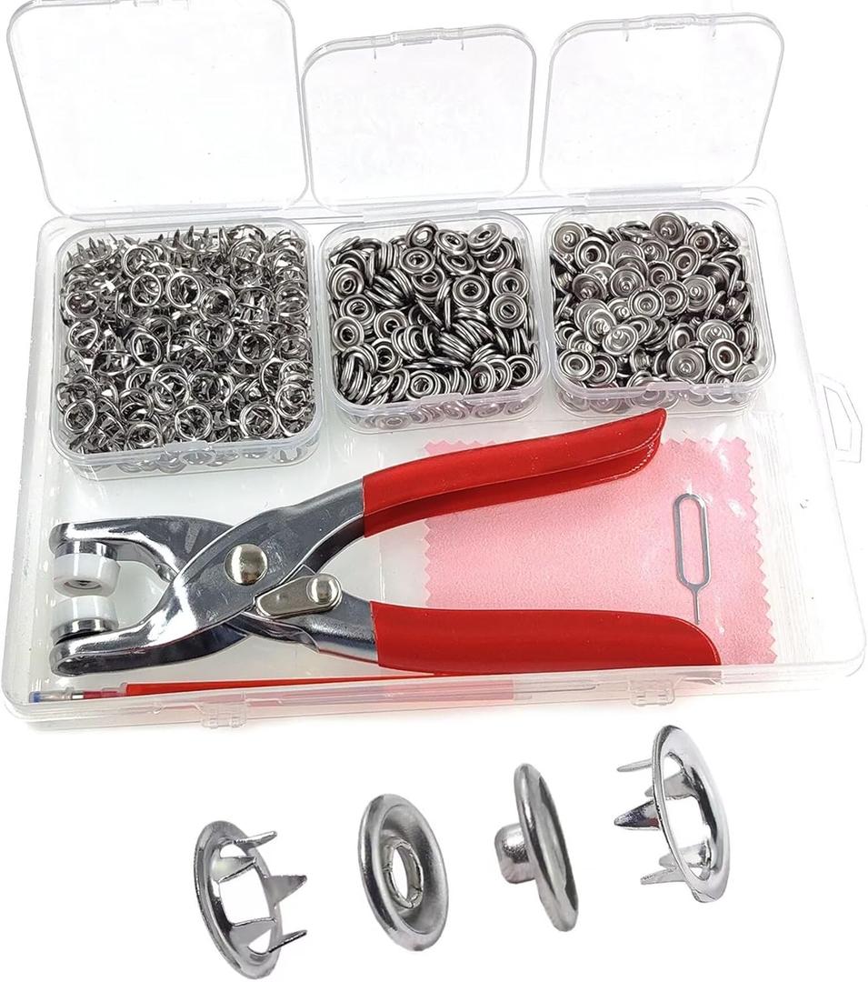 KAXIMON Snap Fasteners Kit 200 Sets, Metal Snap Button Kit with Fastener Pliers No Sewing, 9.5mm Snap on Button Kit Rust Proof DIY Press Studs Button Fix Tools for Fabric Clothing, chrome, SNAP-9.5MM
