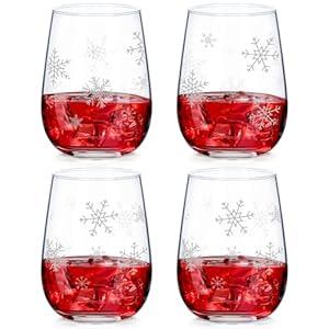 Umigy 4 Pcs Christmas Stemless Wine Glass Winter Leaf and Berry Wine Glasses 17 oz Wine Glass Funny Xmas Birthday Gifts for Women Men Family Friends(Snow)