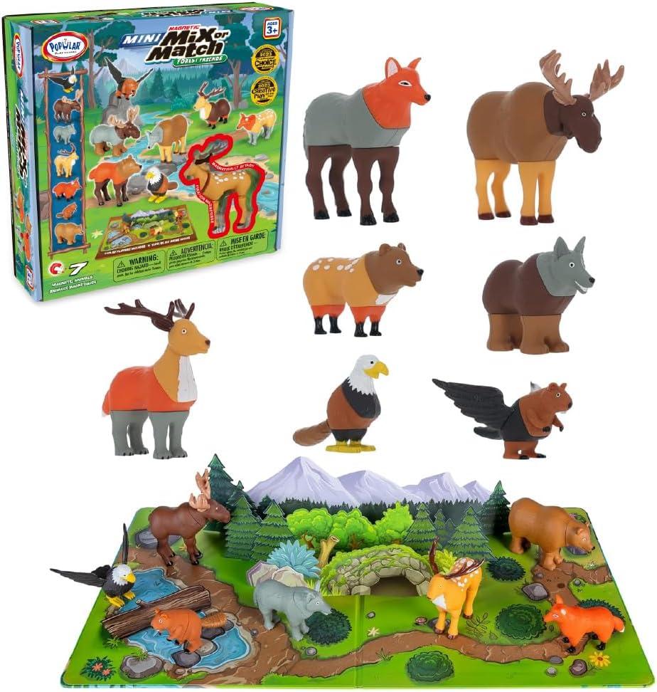 Popular Playthings Magnetic Animals for Toddlers 1-3, Mini Mix or Match Animal Toys, Set of 7 Gift for Kids - Forest Animals with Pop-up Playmat