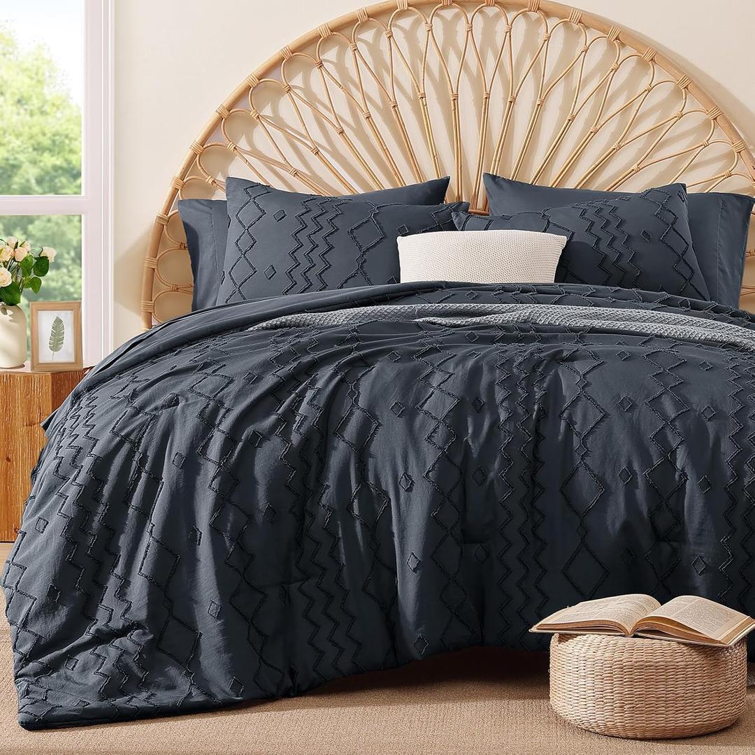 King Size Comforter Set Navy Blue, Tufted Boho Bedding Farmhouse Bed Set, All Season 7 Pieces Bed in a Bag with Sheets, Pillowcases & Shams (King (104"x90"))