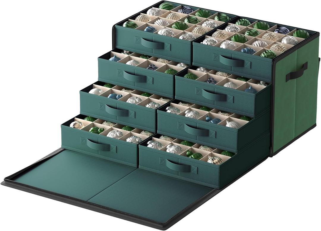 SONGMICS Large Christmas Ornament Storage Box, with Side Open, Stackable Christmas Storage Container with Lid, 8 Drawer Trays, 600D Oxford, 3-Inch 128 Slots, Forest Green URFB038C01