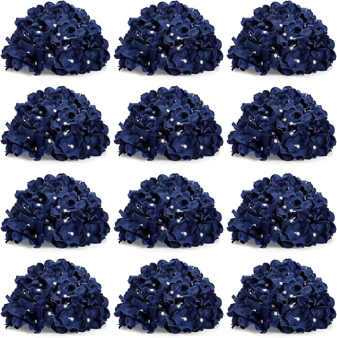 Hydrangea Flower Balls for Centerpieces - 12 PCS Artificial Floral Arrangement with Base, 8.27 Inch Diameter Fake Silk Kissing Ball for Wedding Table Home Party Decor - Navy Blue