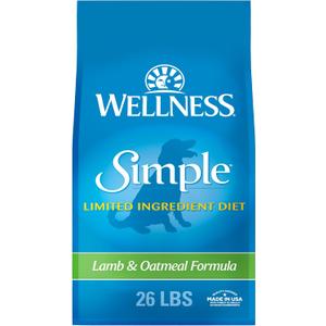 Wellness Simple Limited Ingredient Diet Adult Dry Dog Food, Wholesome Grain Kibble, Sensitive Stomach, Skin & Coat Support, Natural, Chicken Free, Lamb and Oatmeal Recipe, 26 lb Bag (EXP 09/08/26)
