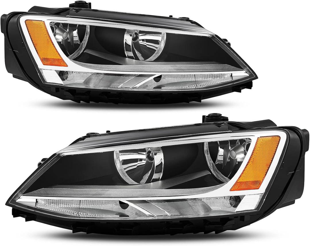 APSVE Headlights Assembly Compatible with 2011-2018 VW Jetta MK6 Halogen Headlamp Head light w/o DRL, Chrome Housing amber Side