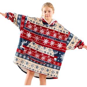Moinlizy Wearable Blanket Hoodie for Kids 613Y, Oversized Thick Flannel Blanket Hooded with Pocket Sleeves Christmas Red Xmas Deer XXL