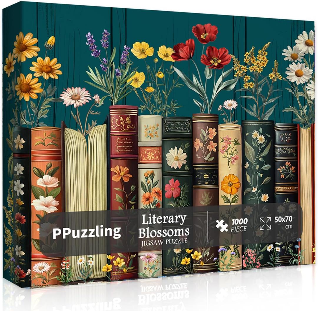 Vintage Wildflower Book Puzzles for Adults 1000 Pieces, Plant Floral Books Pages Jigsaw Puzzle, Retro Bookshelf Puzzles with Blossoming Wildflowers, Botanical Literary Theme Puzzle for Book Lovers