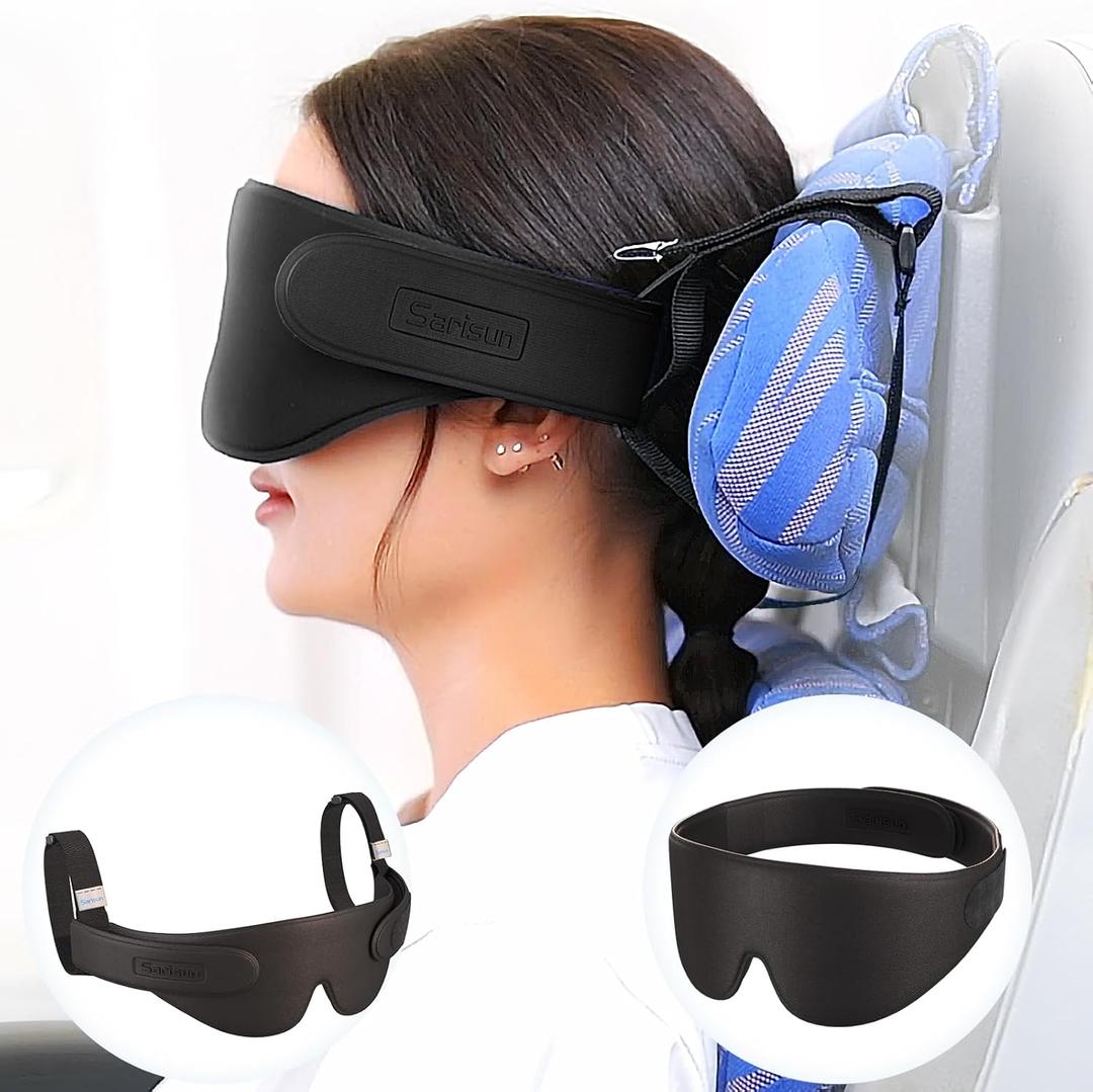 SARISUN Airplane Head Strap 3D Eye Mask, Travel Pillow Alternative for Long Flight, 360 Support Sleep Head Hold, Stop Bobblehead, Ultra-Compact Lightweight Travel Essentials, Black