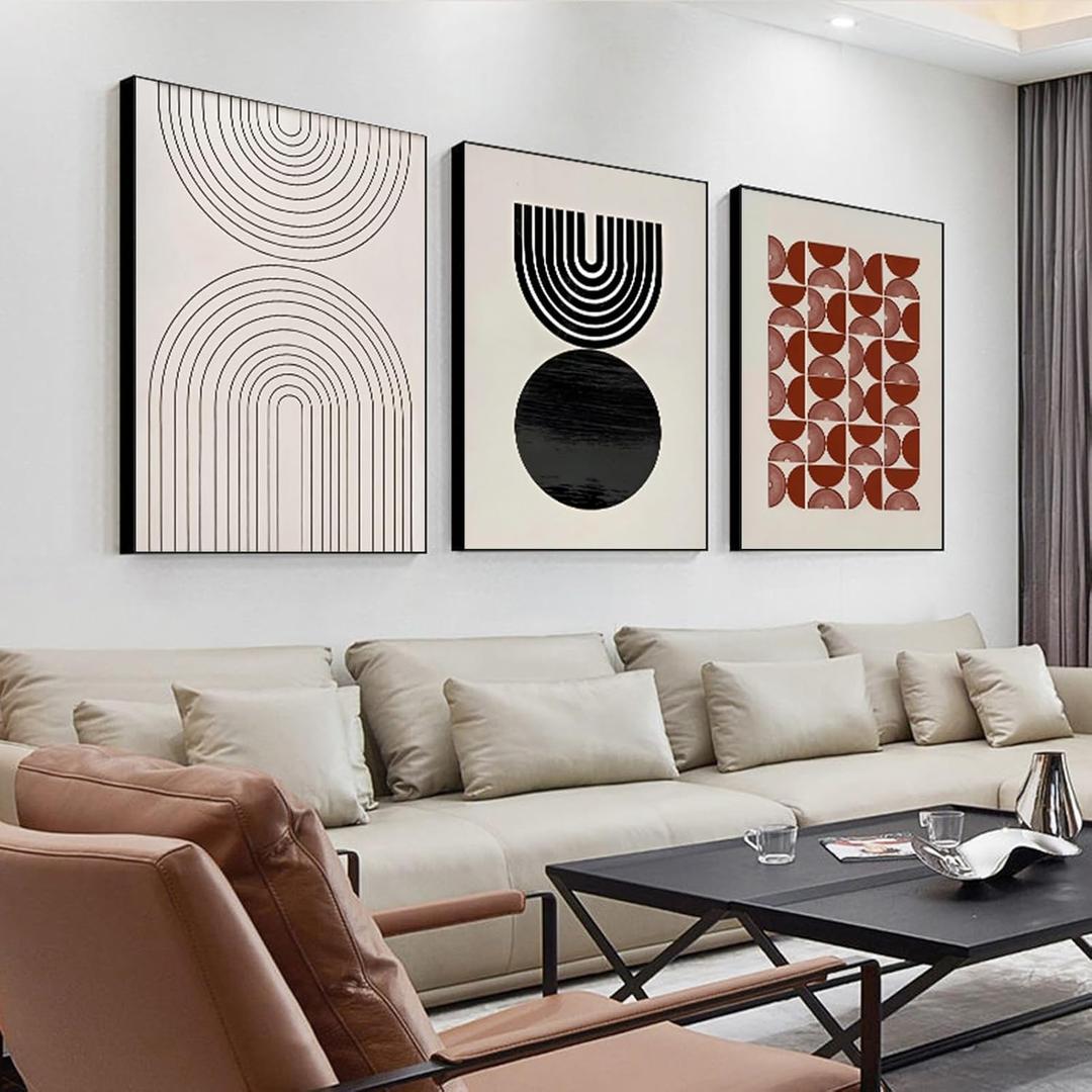 ARTFEB Framed Boho Abstract Wall Art for Living Room, Black Beige Large Canvas Artwork, Modern Geometric Minimalist Prints Wall Decor for Bedroom Hallway Office,24x32 inches, 3 Pieces (Red)