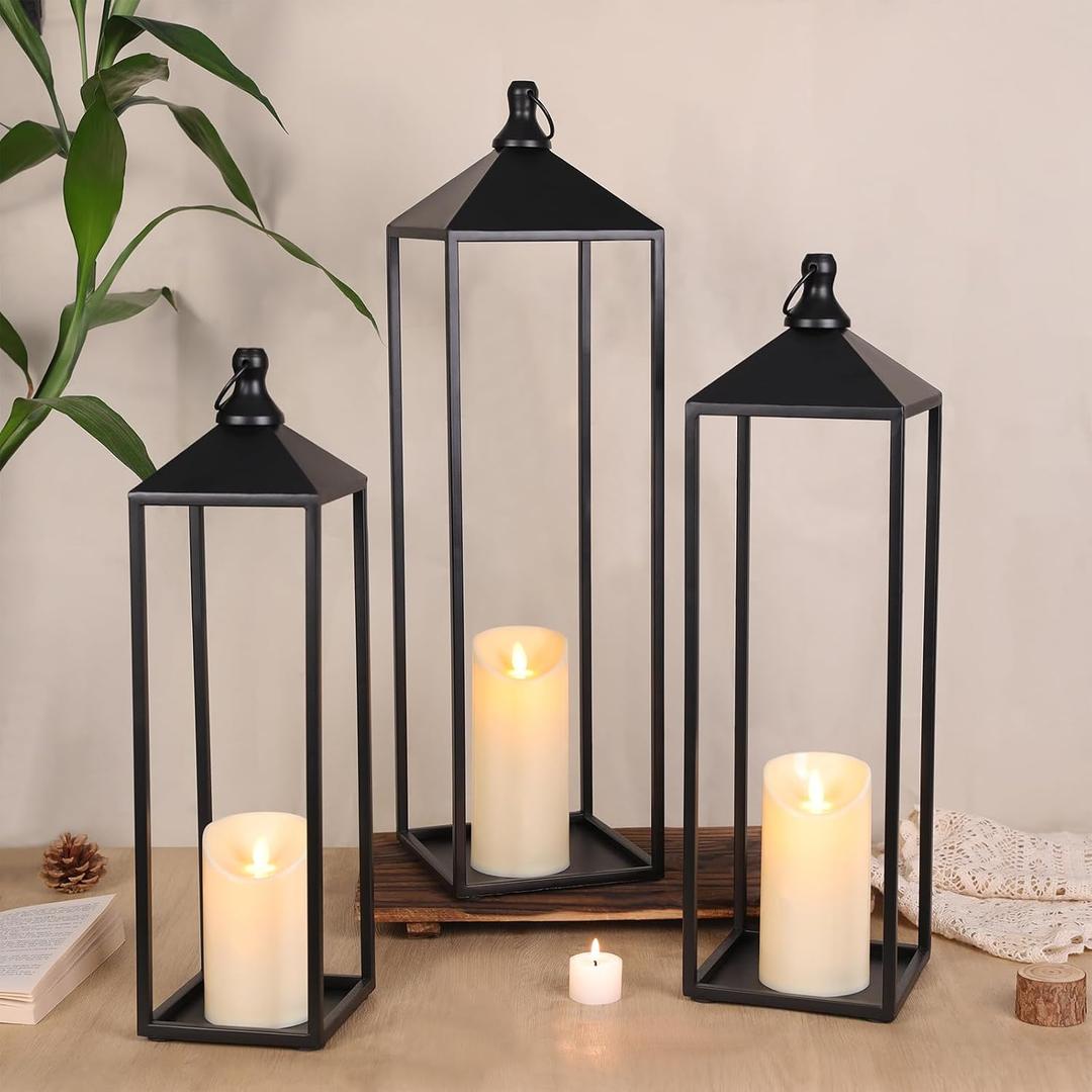 MATAHUM 22'' 19'' 17'' Lanterns Decorative Outdoor Indoor, Set of 3 Black Metal Candle Lanterns Christmas Lanterns Modern Farmhouse Floor Lantern Decor for Room, Porch, Mantle, Patio, Garden