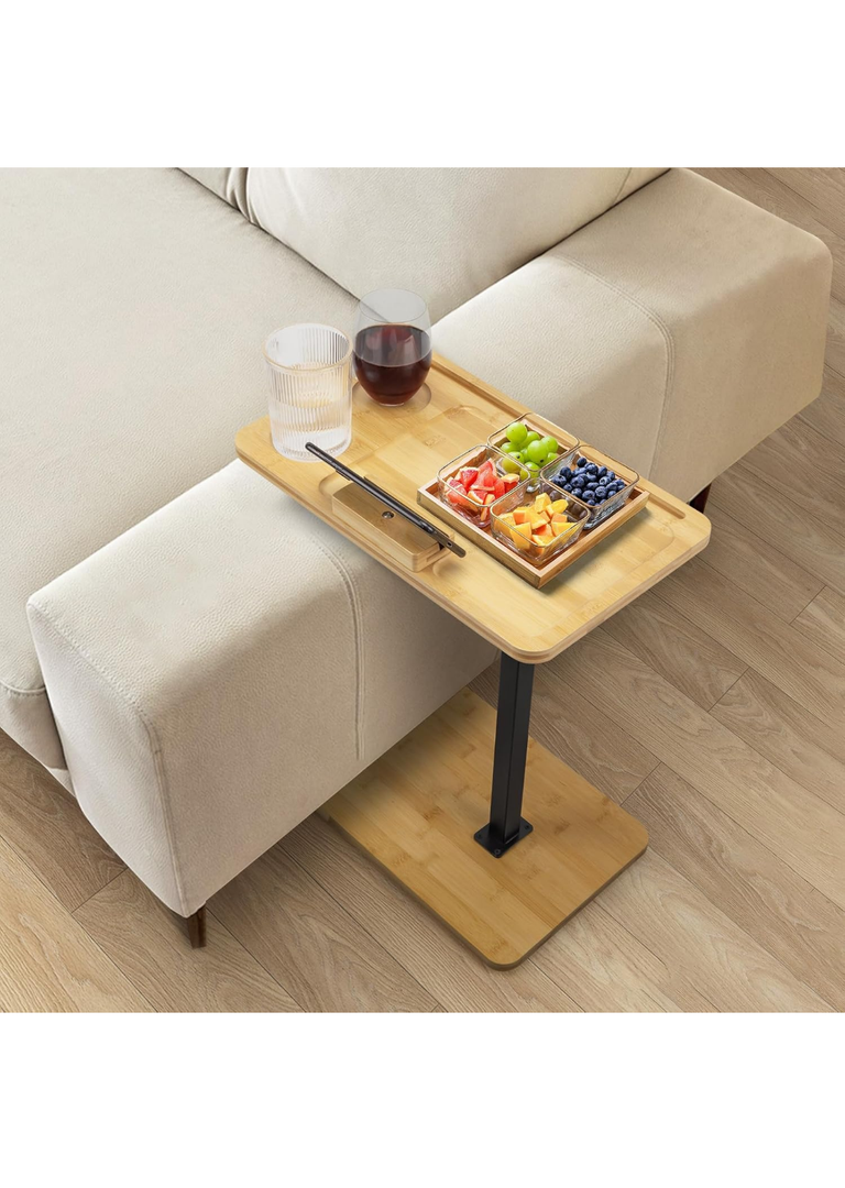 Bamboo Couch Table,Adjustable C Shaped Side Table with Phone Stand,360°Swivel TV Trays for Eating on Couch, Bedroom or Livingroom,Small Spaces,Oblong.
