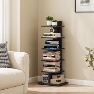 TUTOTAK Narrow Bookshelf, 6-Tier Bookcase, Spine Book Shelf for Small Space, Corner Standing Shelf for Living Room, Office, Study, Entryway, Black BS06BK016
