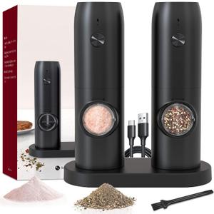 Electric Salt and Pepper Grinder Set of 2, Automatic Pepper Mill,USB Rechargeable, Adjustable Coarseness, One-handed Operation, Ceramic Burr,Refillable, Auto Grinders with Charging Base LED Light