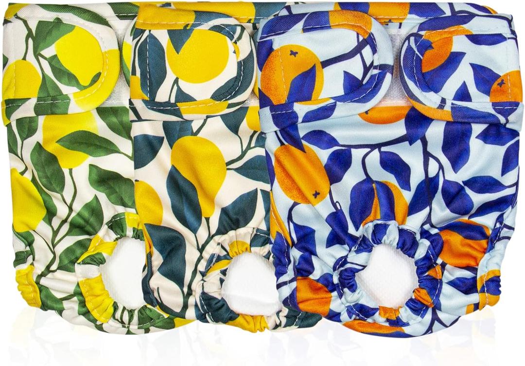 Pet Magasin Reusable Washable Dog Diapers (Pack of 3), Highly Absorbent with Strong & Flexible Hook & Loop (Botanical Fruit, M (14-19 Waist))