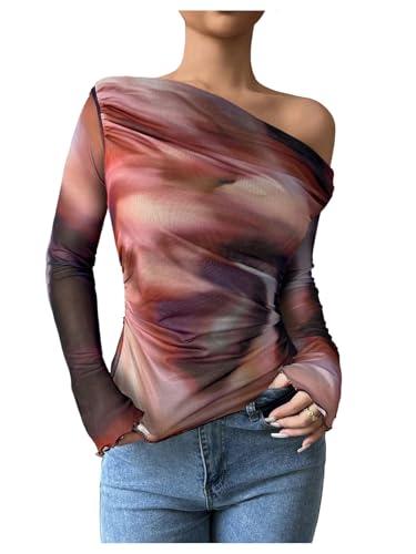 RoseSeek Women's Off Shoulder Tie Dye Mesh T Shirt Long Sleeve Asymmetrical Hem Ruched Fitted Tee Tops Mix Red 4X-Large